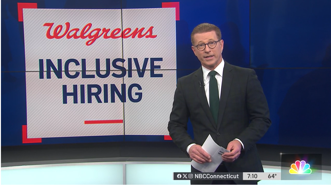 Image courtesy of NBC Connecticut A news anchor with digital screen behind them "Walgreens inclusive hiring".
