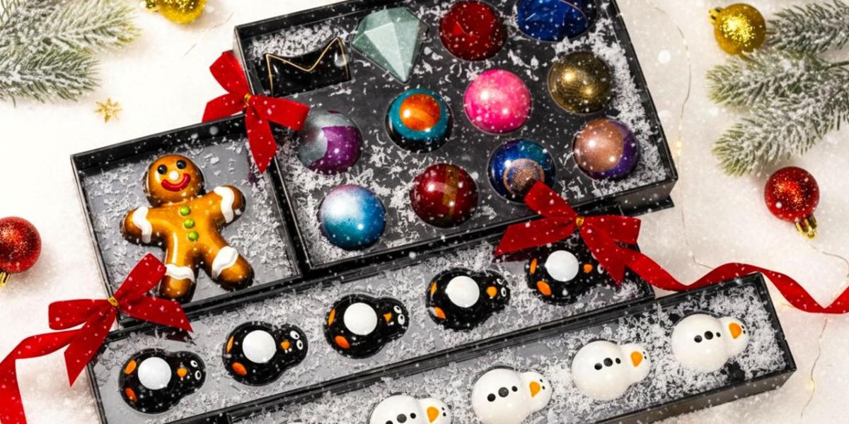 Assortment of ornaments in a gift box.