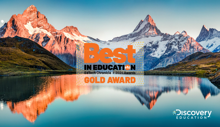 Sunlit mountains and water overlaid with text: Best in Education EdTech Chronicle 2024 Awards GOLD AWARD