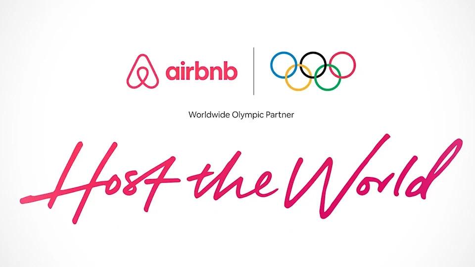 AirBnB logo and Olympic rings above "Host the World".