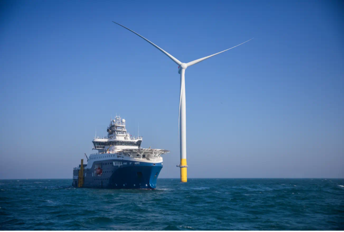 Ship going by a wind turbine at sea