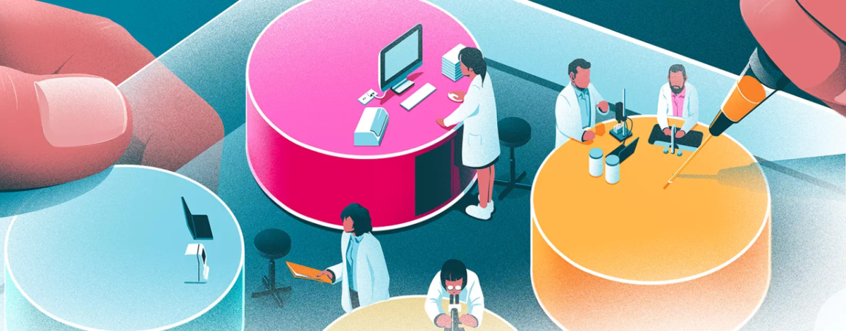 artistic drawing of round tables with computers and lab equipment in use