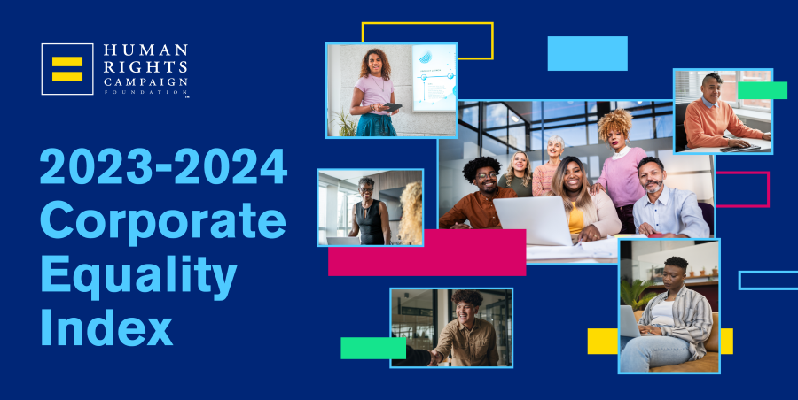"2023-2024 Corporate Equality Index" and a collage of different people in work environments.