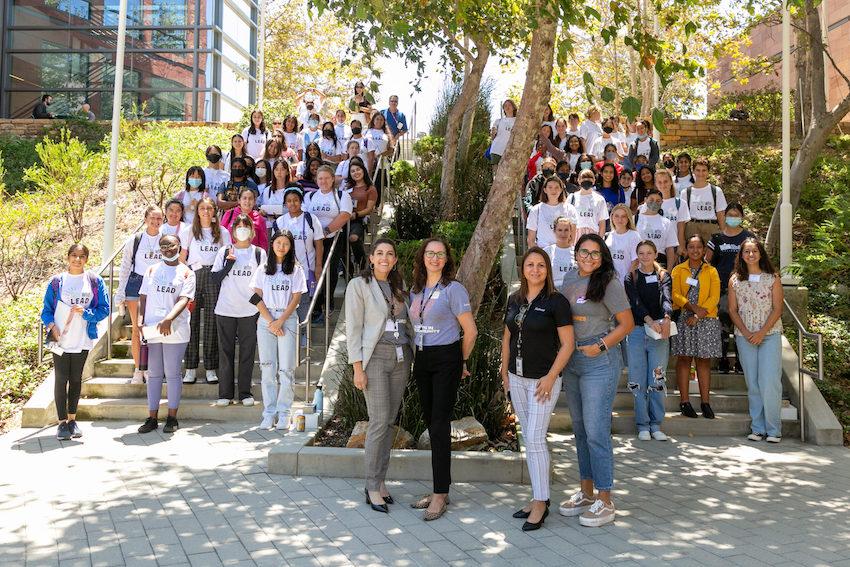 Illumina employees and members of iLatinx volunteered as mentors at the Girls Who Lead Summer Camp in 2022. Left to right: Alexa Tralla, Erica Gonzalez, Jeannet Valencia, and Natalie M. Crew.