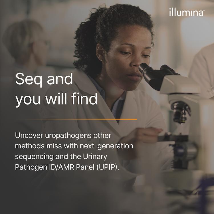 Seq and you will find. Female scientist looking through a microscope and wearing a lab coat.