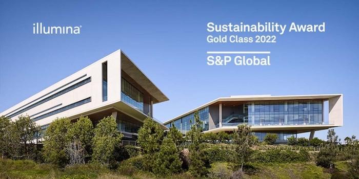 Illumina Sustainability Award: Gold Class 2022 from S&P Global. Photo is view of outside of Illumina headquarters.