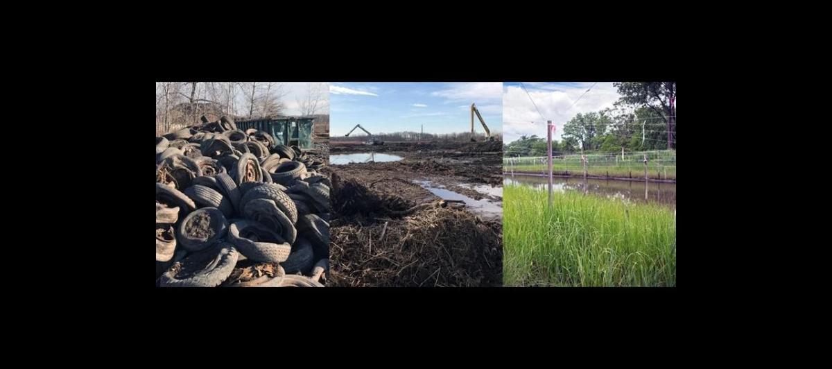 collage of three photos, left: a stack of used tires, middle: dirt with puddles, machinery in the background, Right: grass and a waterway