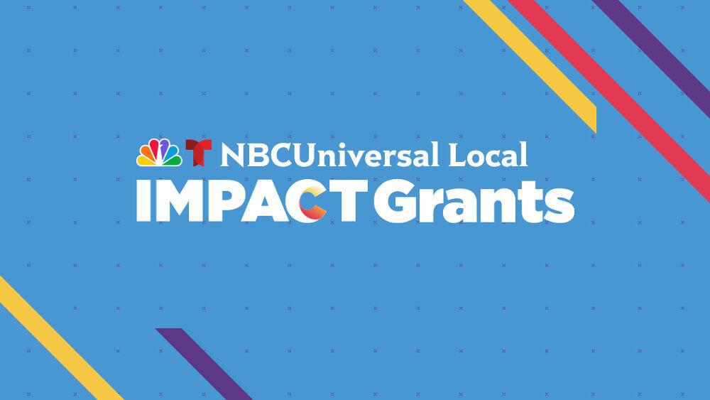 NBCUniversal Local Impact Grants. NBC and telemundo logos on a blue background with yellow red and purple stripes.