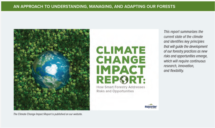 A globe with a white heart in a forested canopy. "Climate Change Impact Report" to the right. This report summarizes the current state of the climate and identifies key principles that will guide the development of our forestry practices as new risks and opportunities emerge, which will require continuous research, innovation, and flexibility.