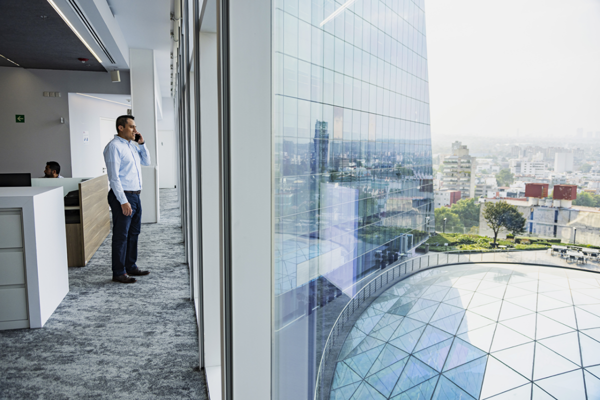 Someone in an office on a cellphone, looking out a window