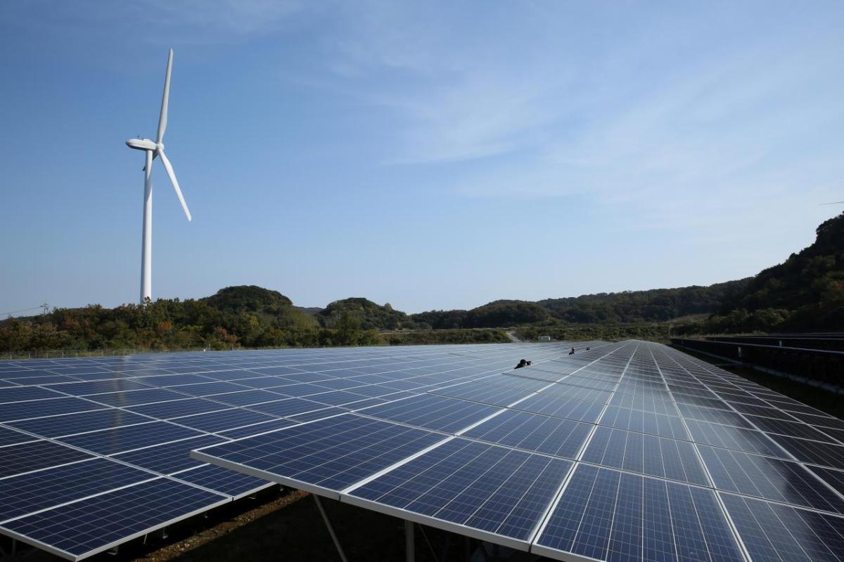 A long row of solar panels. A wind turbine in the distance.