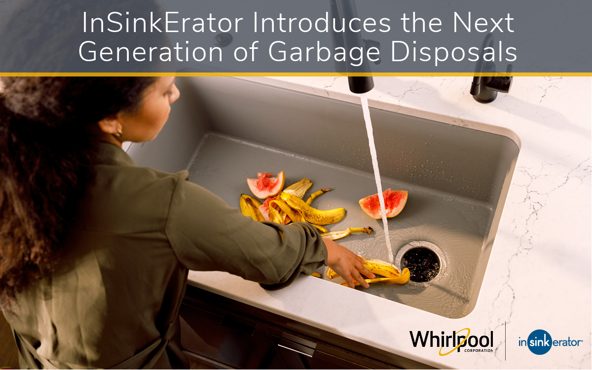 InSinkErator introduces the next generation of garbage disposals. A person putting food scraps down the sink drain, with water running.
