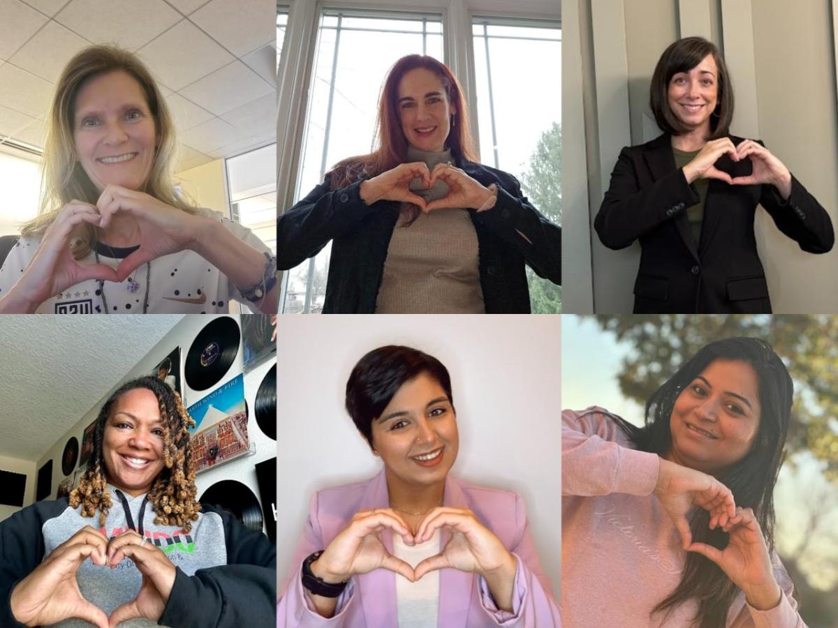 Collage of 6 people making hearts with their hands