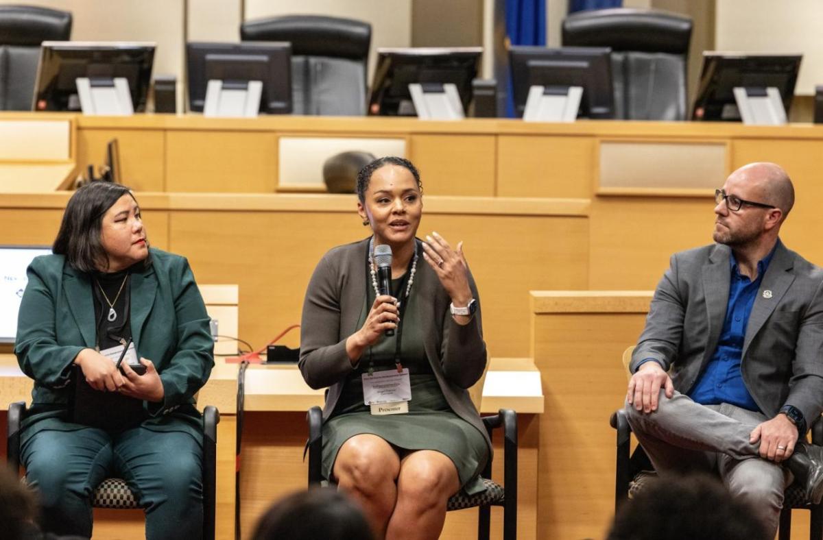 Three people presenting to a group