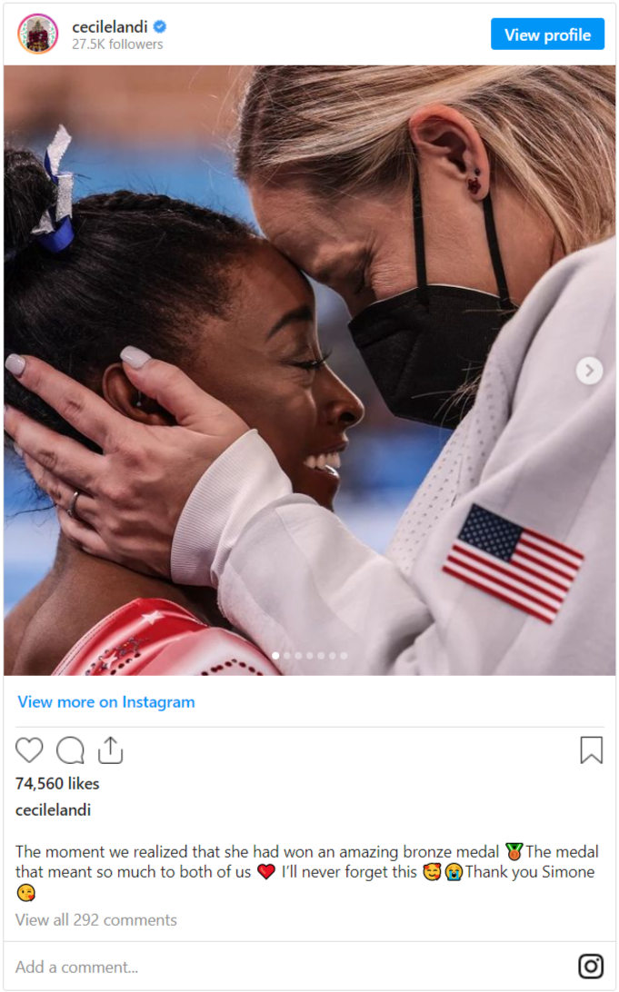 Instagram post from Cecilelandi and picture of Ceci holding Simone Biles' head in her hands.