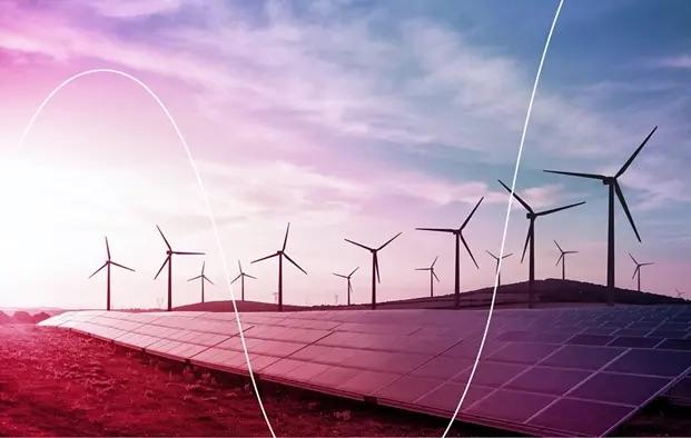 stylized image of wind turbines behind solar panels