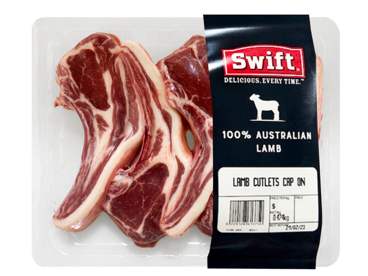Photo of fresh lamb cutlets packaged for retail sale. 