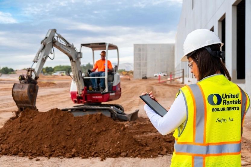 Reducing jobsite emissions is a priority for more and more construction companies and project owners, but it’s hard to manage what you can’t measure. Now, a groundbreaking set of digital tools from United Rentals is giving customers the ability to view their rental equipment and jobsites through the lens of current and historical estimated carbon emissions. A person looking at a tablet. Another in the distance using a large digging machine.