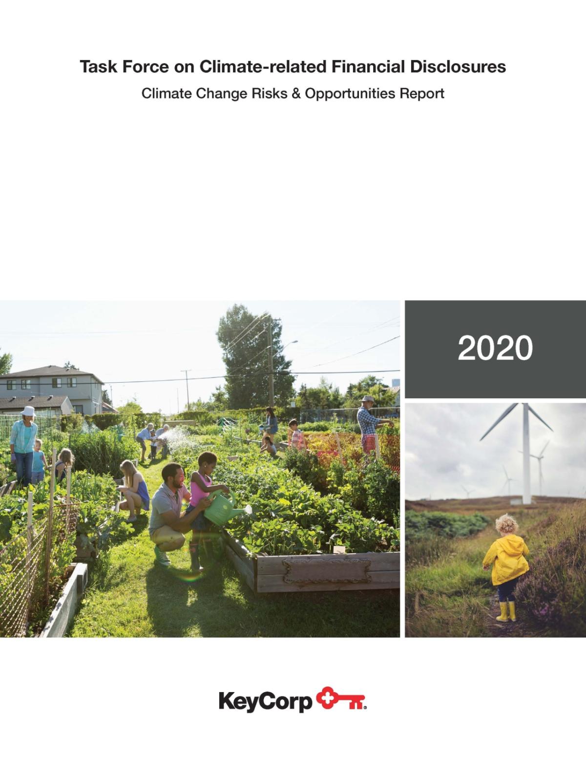 KeyCorp Task Force on Climate-related financial disclosures report; cover shows a woman with a child in a garden.