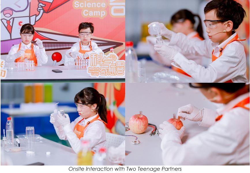 A collage of four images of children in protective lab gear doing an experiment with apples and liquids.