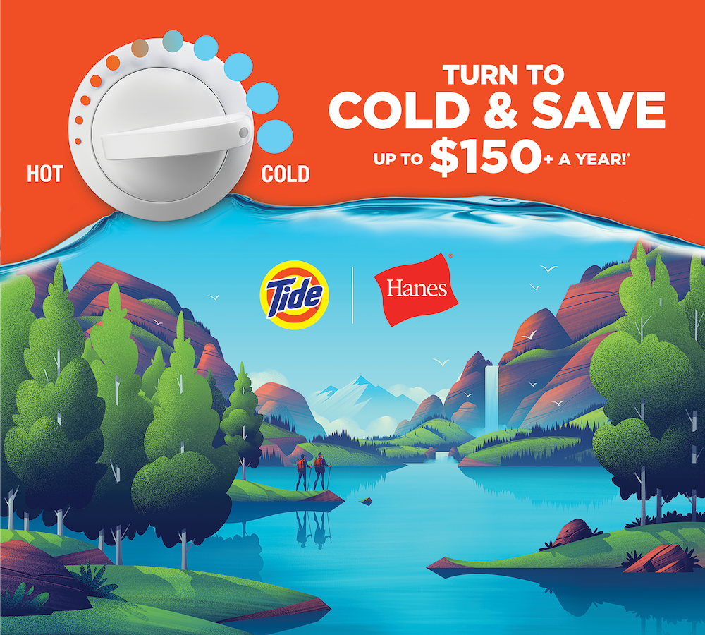 "Turn on Cold & Save up to $150" with Tide and Hanes logos
