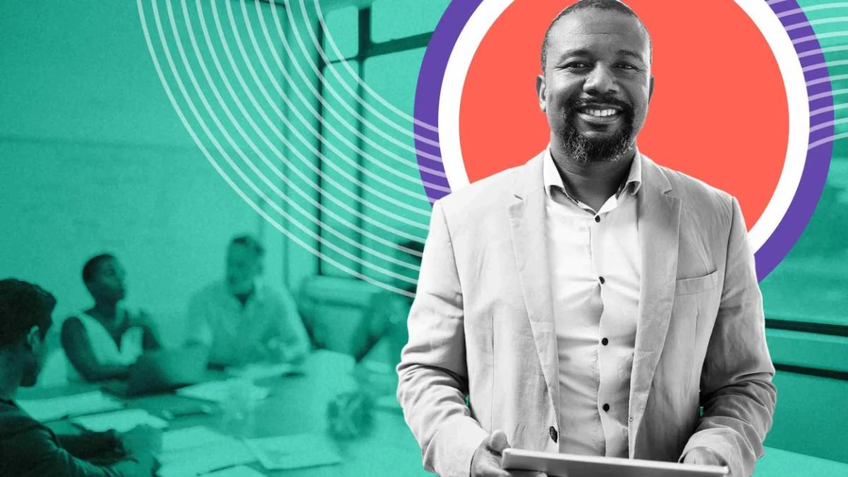 Image courtesy of Adobe Stock – Micah C/peopleimages.com A person with abstract circles and a table of people meeting behind them.