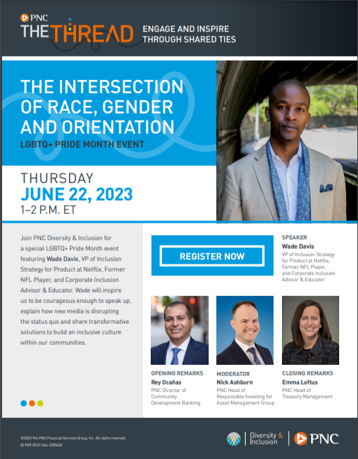 Flyer for "The Intersection of Race, Gender, and Orientation LGBTQ+ Pride Month Event" Thursday June 22nd 1-2pm ET.