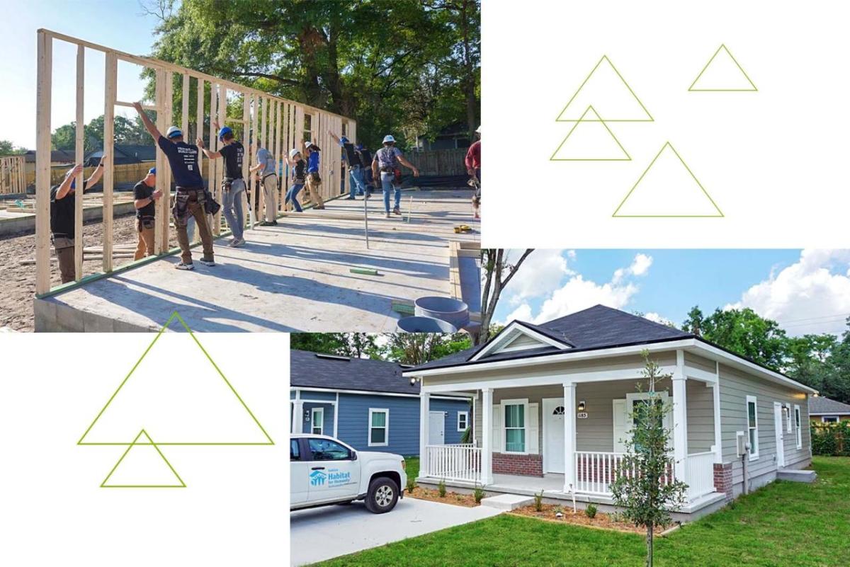 Collage of volunteers and a new home