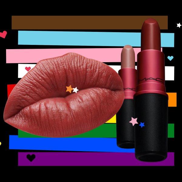 Image courtesy of PBL Magazine Lips and two lipsticks on top of different colored stripes.