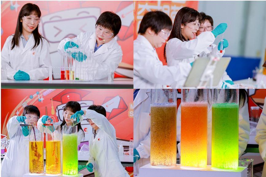 A collage of four images of people in protective lab gear doing an experiment with three tubes of liquids.