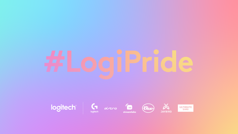 pastel rainbow background, #LogiPride and company logos