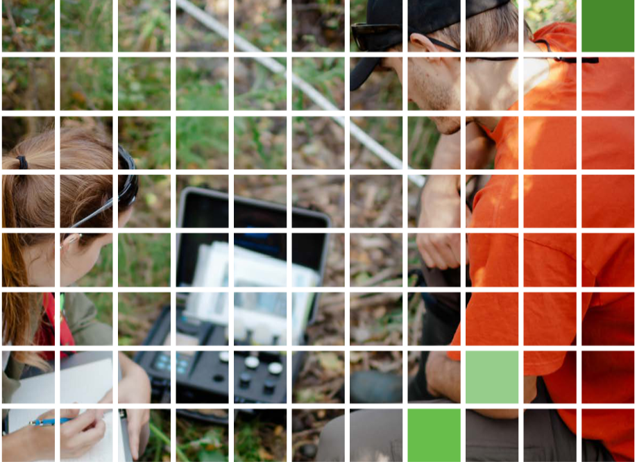 square grid over a picture of two people looking at a small device sitting on the ground. One takes notes on a pad of paper.