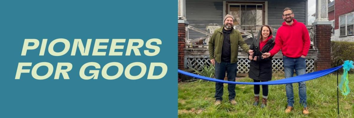 "Pioneers for Good" - three people in a ribbon cutting ceremony