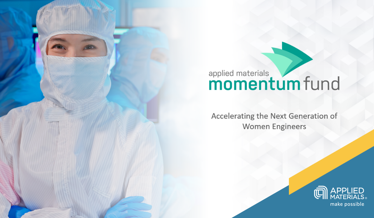 Woman wearing mask and surgical outfit next to the words, "momentum fund: Accelerating the Next Generation of Women Engineers"