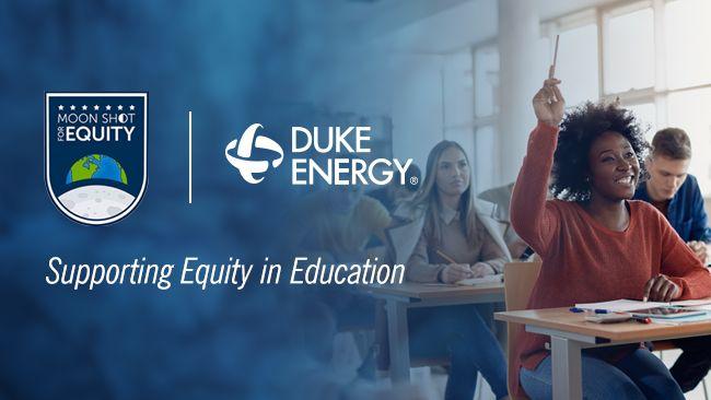 Person in classroom raising hand with Duke energy and Mon Shot for Equity logos
