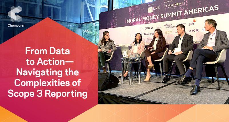 A panel of people seated in front of a banner "Moral Money Summit Americas". To the left "From data to action - navigating the complexities of scope 3 reporting."