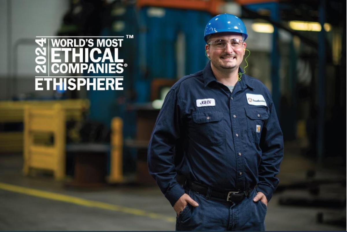 2024 Placement Marks Southwire's First Appearance on this List A smiling person in a hard hat and safety glasses. "2024 World's Most Ethical Companies. Ethisphere."