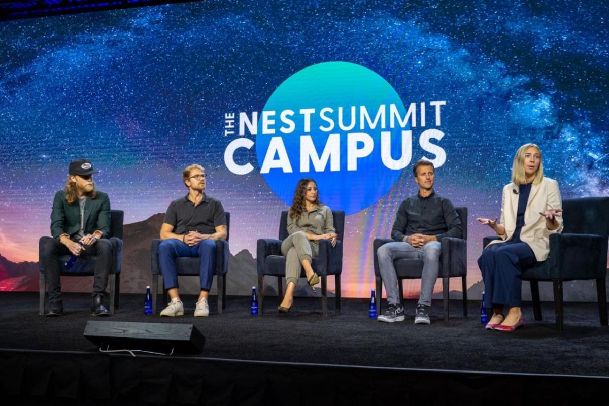 Photo: Panelists talk at the Nest Summit Campus NYC Climate Week event earlier this fall. The panelists, from left to right, are: Westley Schultz, co-founder of and lead vocalist for The Lumineers; Colin Wilson, retired player for the NHL's Nashville Predators and Colorado Avalanche; Sofi Armenakian, Head of Sustainability for the Atlanta Hawks and State Farm Arena; Erik Distler, VP of Sustainability at AEG; and Cassie Lee, CEO of Sound Future