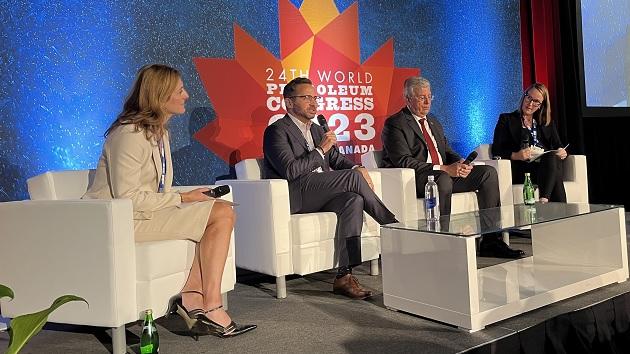 Enbridge Senior Vice President Commercial Liquids Pipelines Marc Weil, second from left, speaks during a Monday panel discussion entitled Untapped Reserves 3.0: Advancing Diversity, Equity, and Inclusion in the Energy Sector during the 24th World Petroleum Congress in Calgary, Canada. Also participating were, from left, Connie Di Ciancio of Strathcona Resources, Pedro Miras of WPC Energy and moderator Whitney Hughes-Plummer of the Boston Consulting Group. " "
