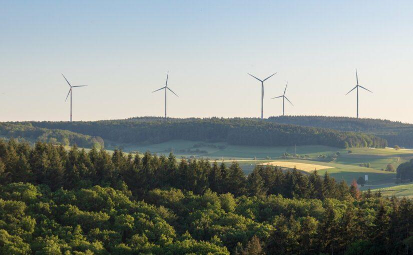 Courtesy Sofidel Wide view of a forested and hilly terrain with five wind turbines in the distance.