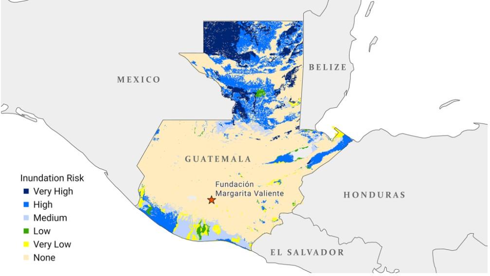 Darker blue shading shows areas at higher risk of inundation during flood events. (Map by Michael Robinson for Direct Relief, data from the Guatemala National Institute for Seismology, Volcanology, Meteorology, and Hydrology)