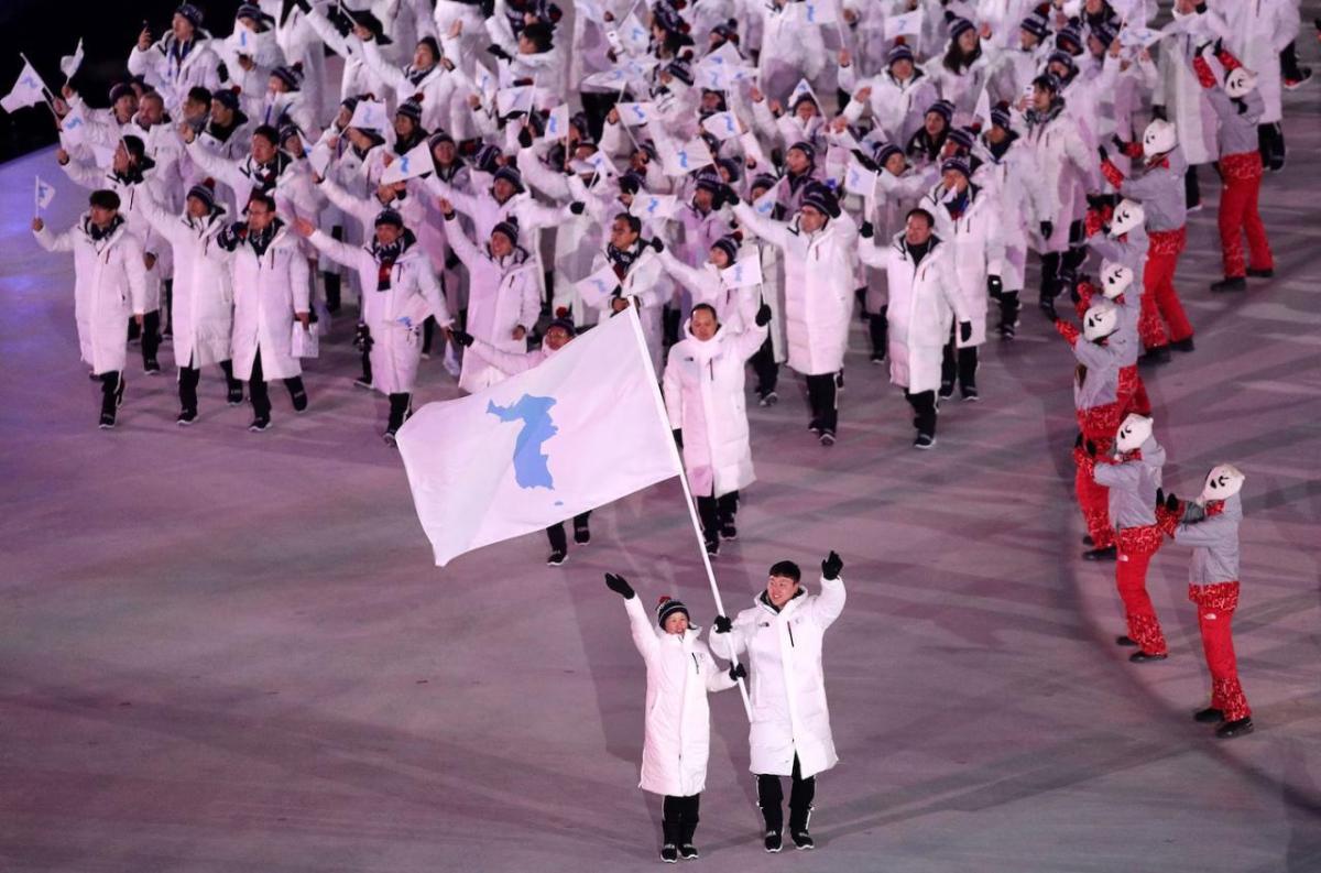 Large coordinated team carrying their flag at an opening ceremony