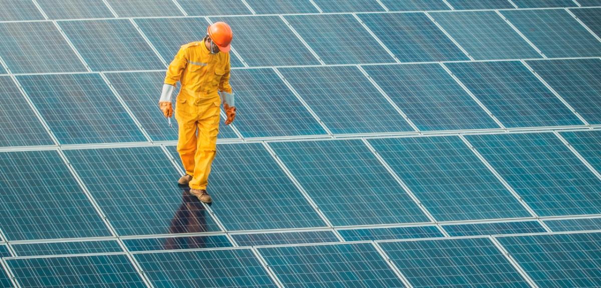 Worker walking on solar panels