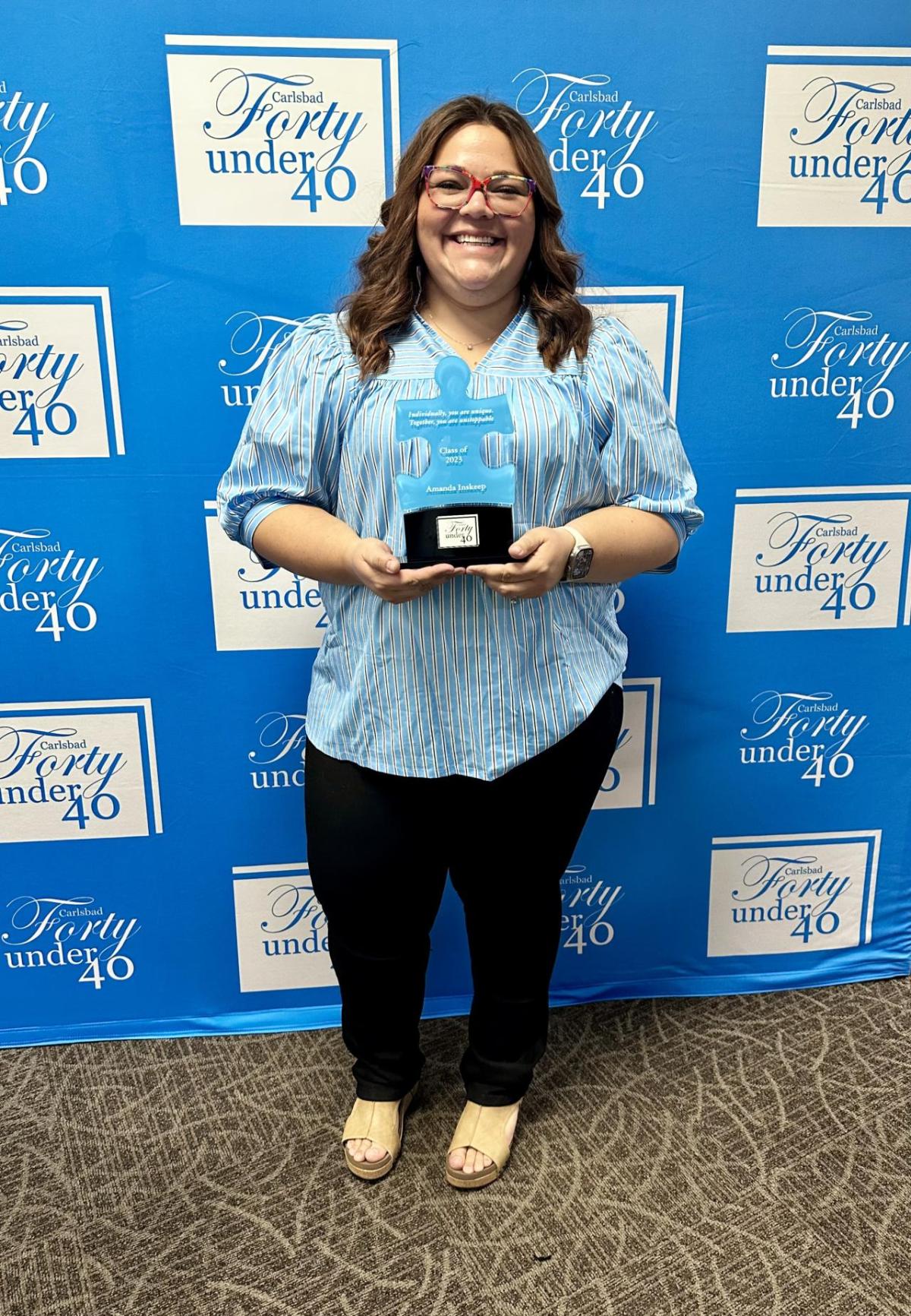 Amanda Inskeep with her Carlsbad 40 Under 40 Award. " "