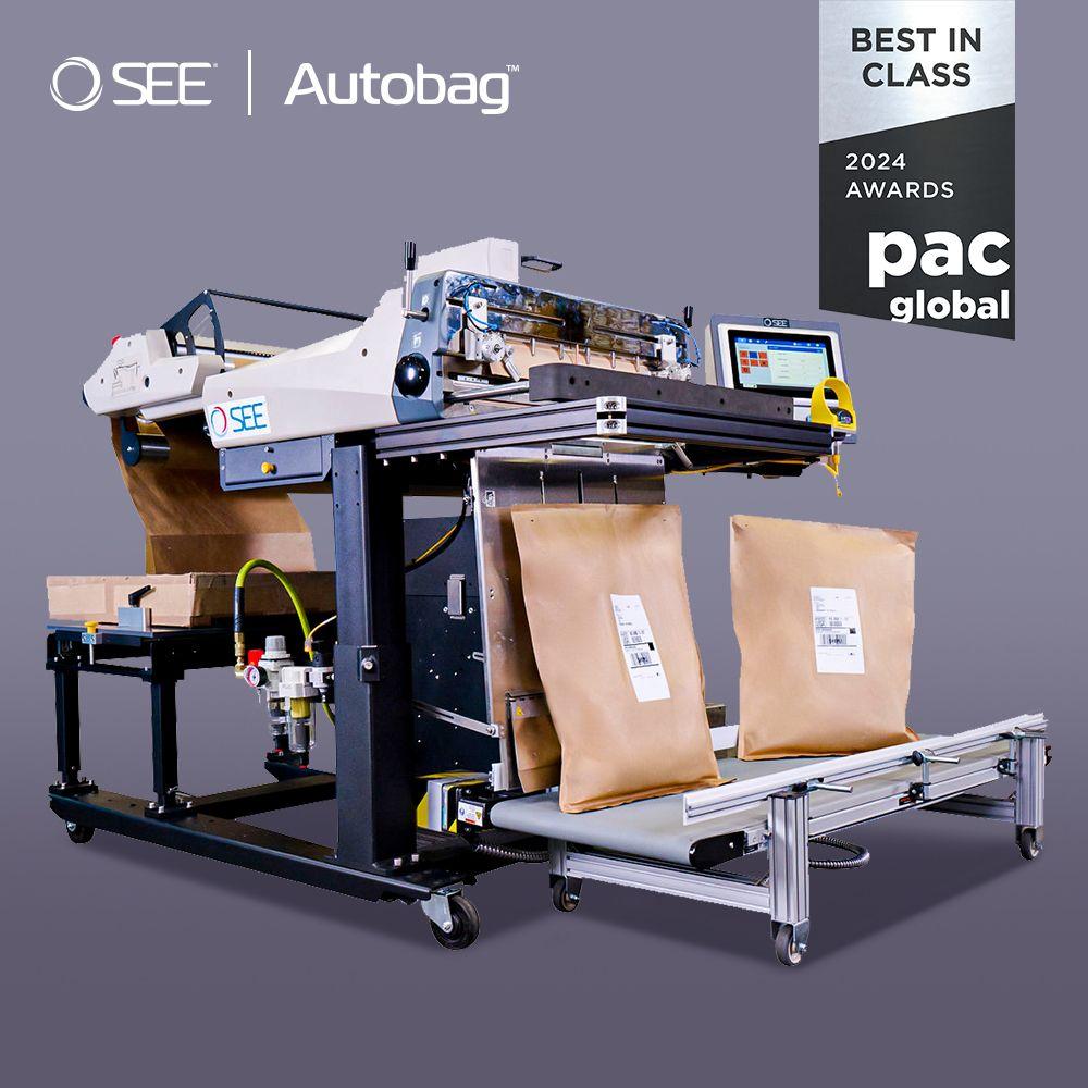 A machine working with mailing bags. SEE and Autobag logos. "Best in Class 2024 Awards pac Global" badge.