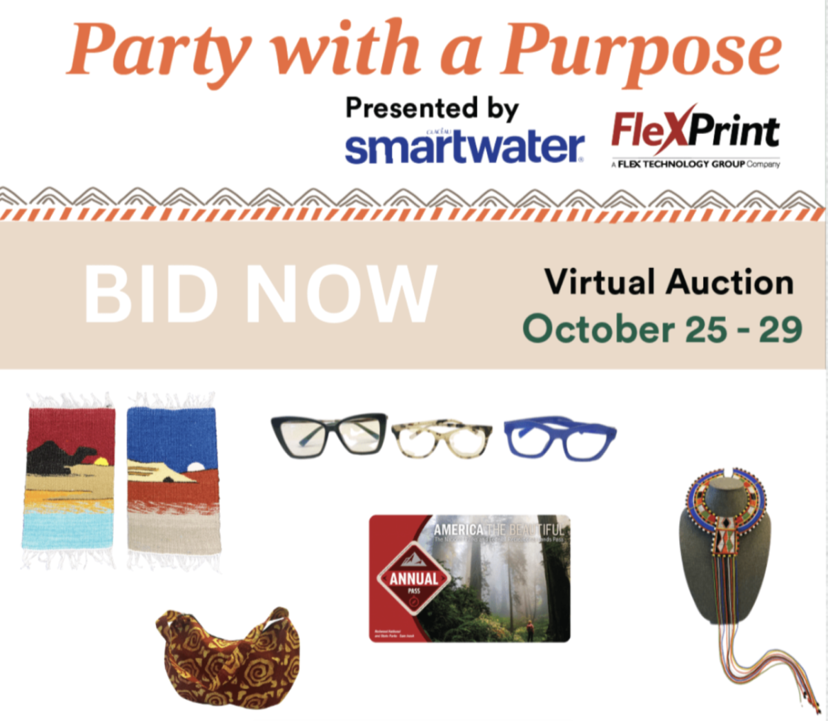 "Party with a Purpose" with logos and images for Virtual Auction on October 25-29