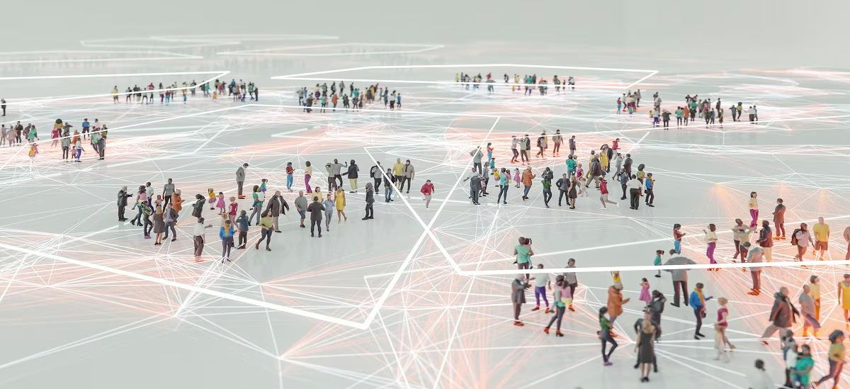 Digital rendering of an open area with small groups of people and white digital lines connecting them