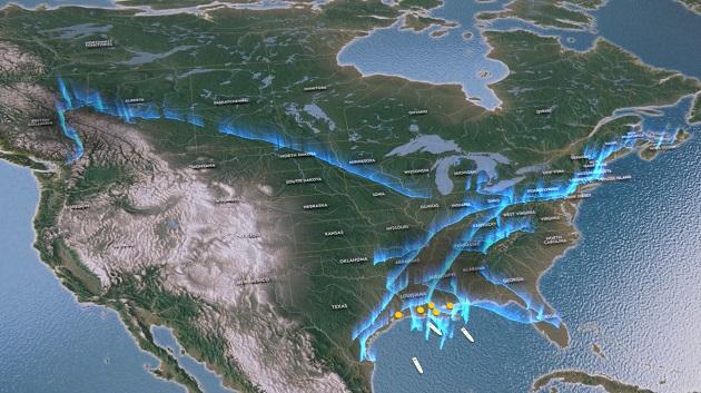 A map of North America with blue lines marking natural gas routes.