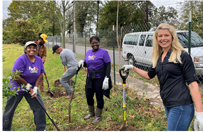 Volunteers planting trees in a park.