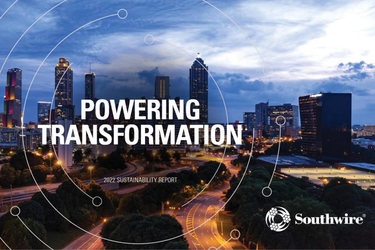 Southwire logo and "Powering Transformation" over a cityscape.